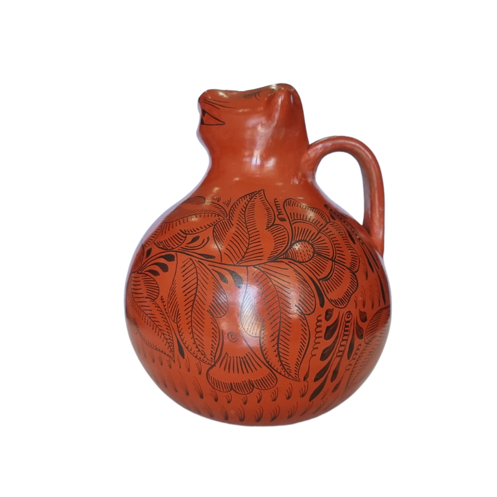 Jarra animalito para agua mediano de barro bruñido decorado con flores y pájaros