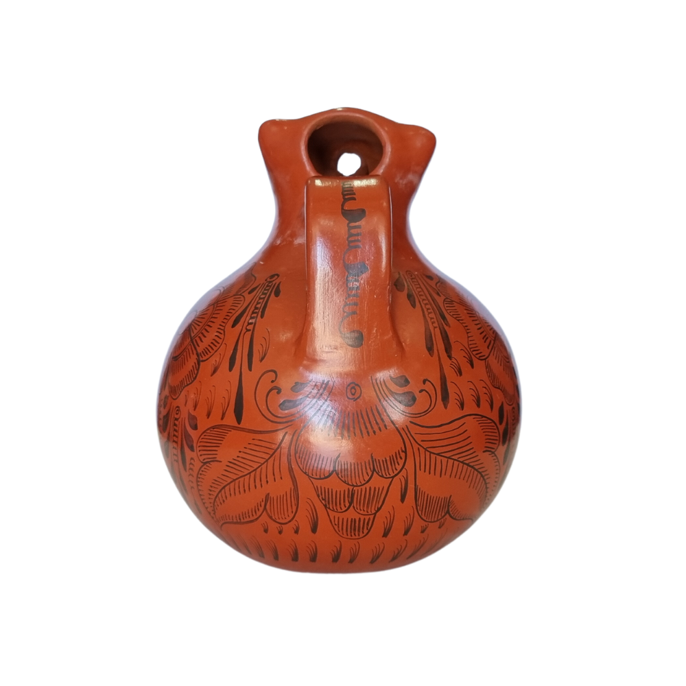 Jarra animalito para agua mediano de barro bruñido decorado con flores y pájaros