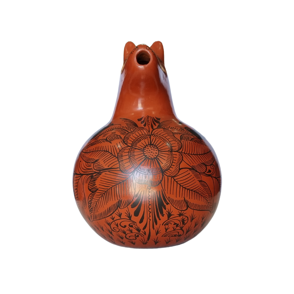 Jarra animalito para agua mediano de barro bruñido decorado con flores y pájaros