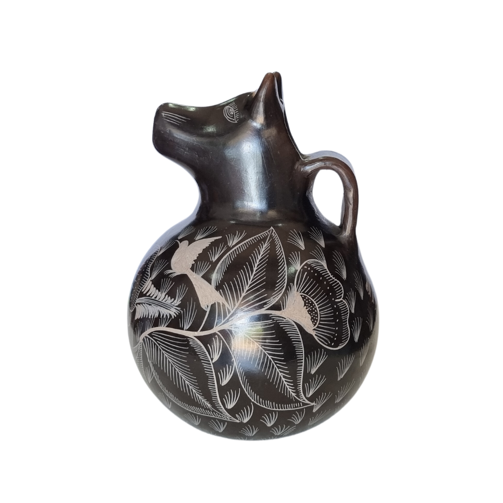 Jarra animalito para agua mediano de barro bruñido decorado con flores y pájaros