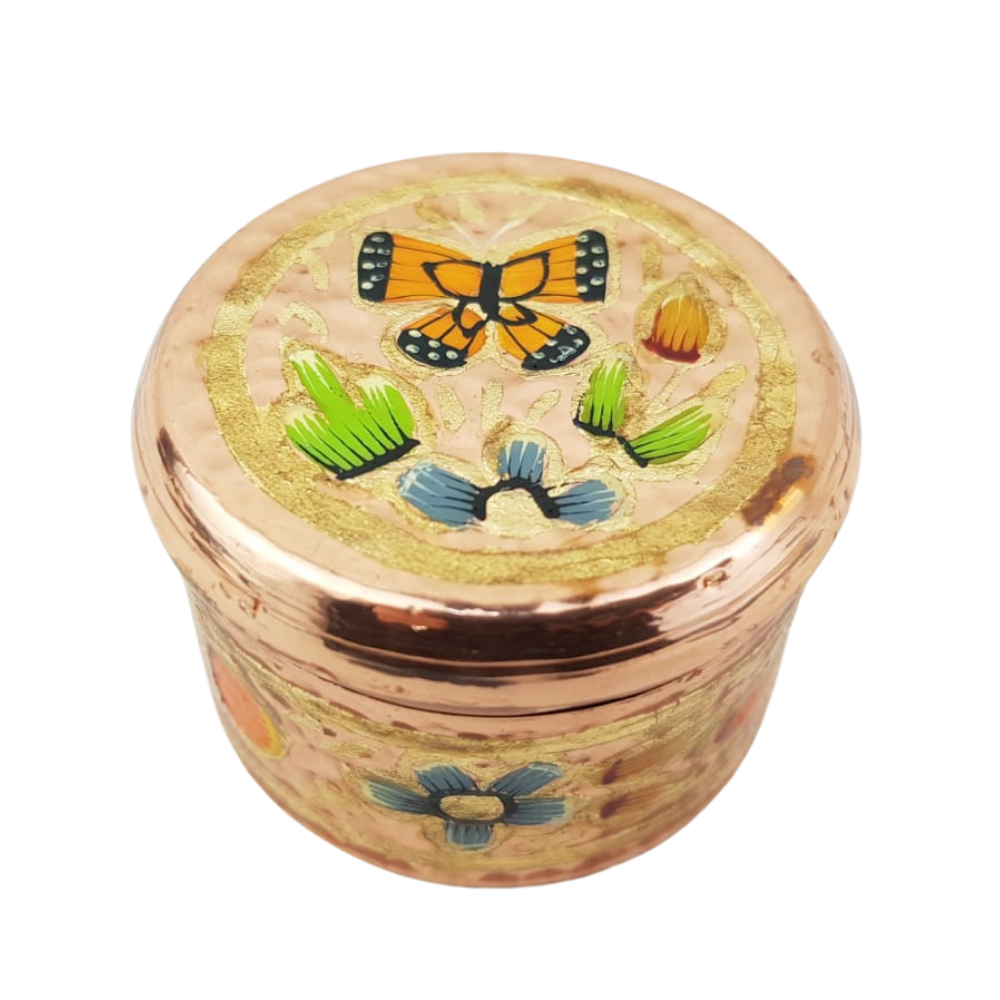 Pastillero de cobre chico decorado con mariposas y flores