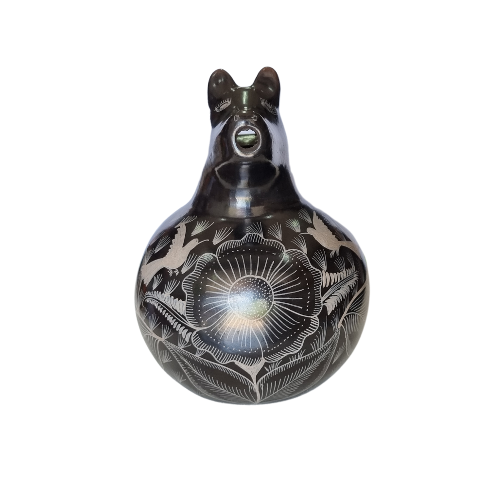 Jarra animalito para agua mediano de barro bruñido decorado con flores y pájaros