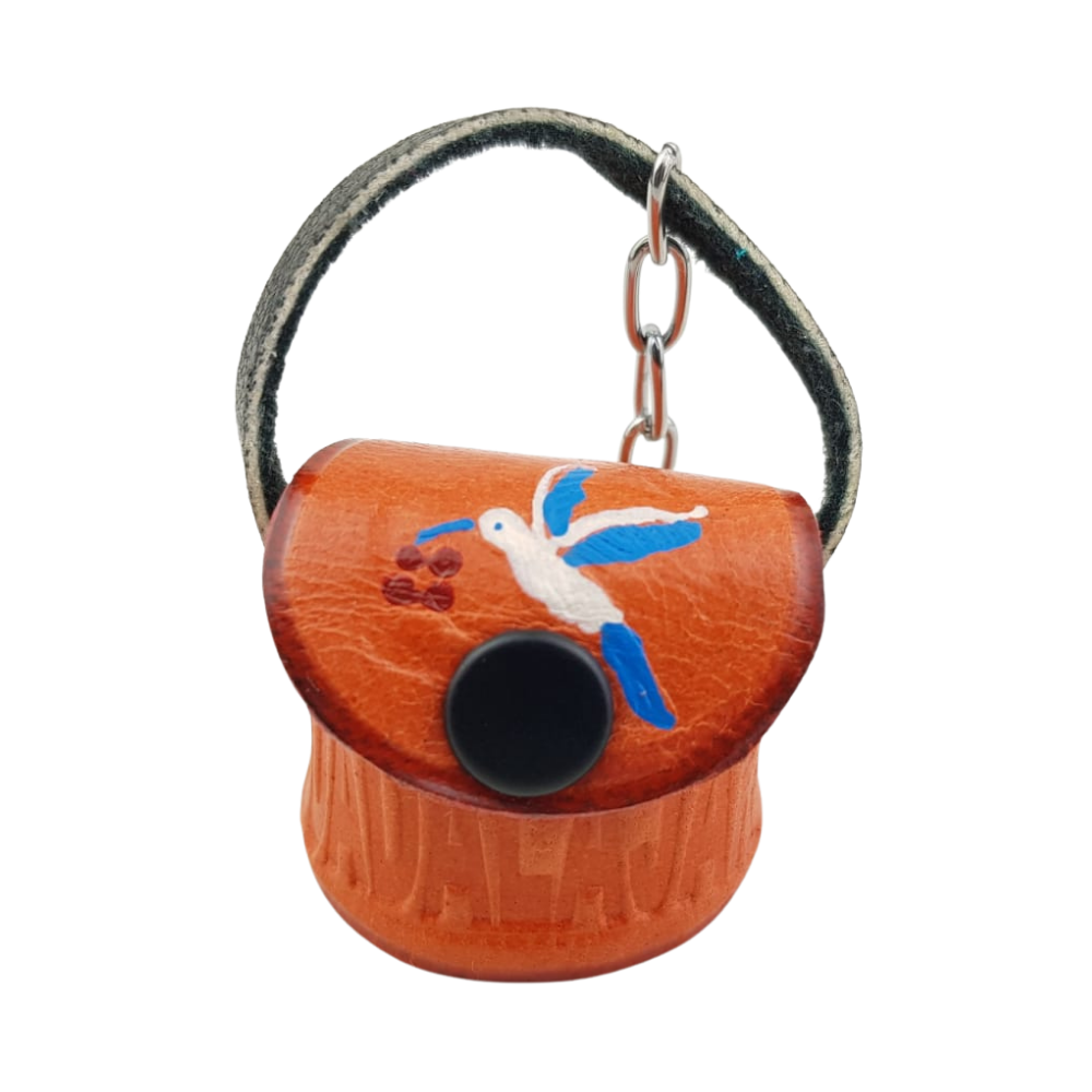 Llavero Guadalajara de piel mini en forma de bolsa, monedero, huarache, morral y sombrero