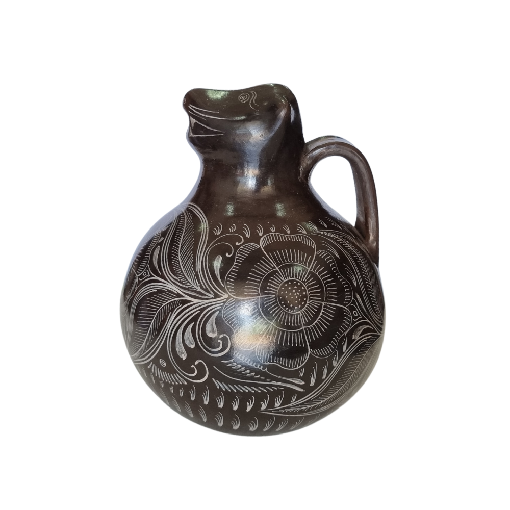 Jarra animalito para agua mediano de barro bruñido decorado con flores y pájaros