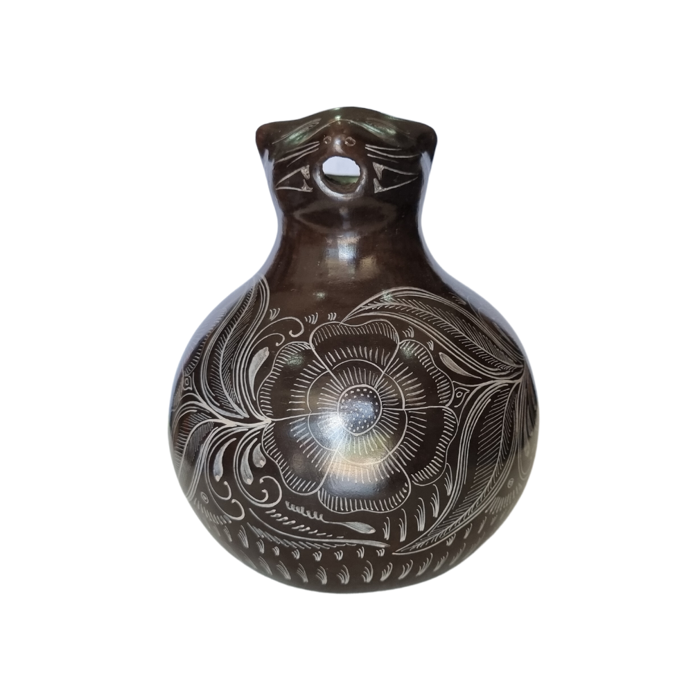 Jarra animalito para agua mediano de barro bruñido decorado con flores y pájaros