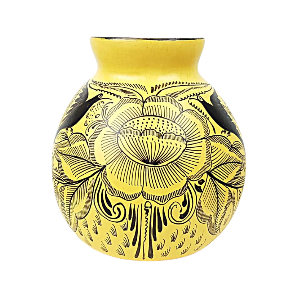 Florero mediano de barro bruñido decorado con flores y pájaros