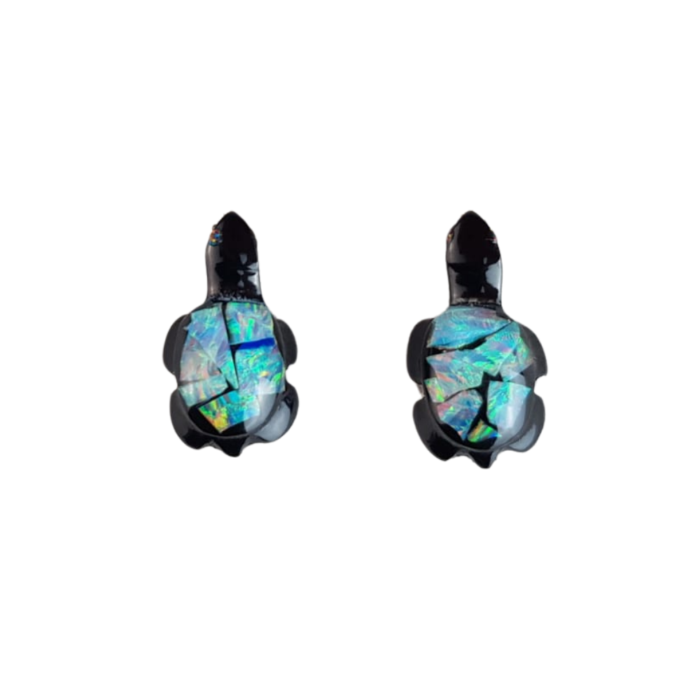 Arete tortuga de obsidiana con encapsulado de ópalo mexicano