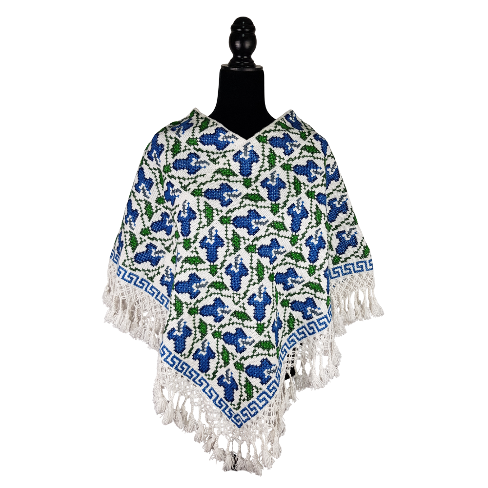 Quexquémetl, capita mediana de acrilán con bordado en punto de cruz o puntada antigua