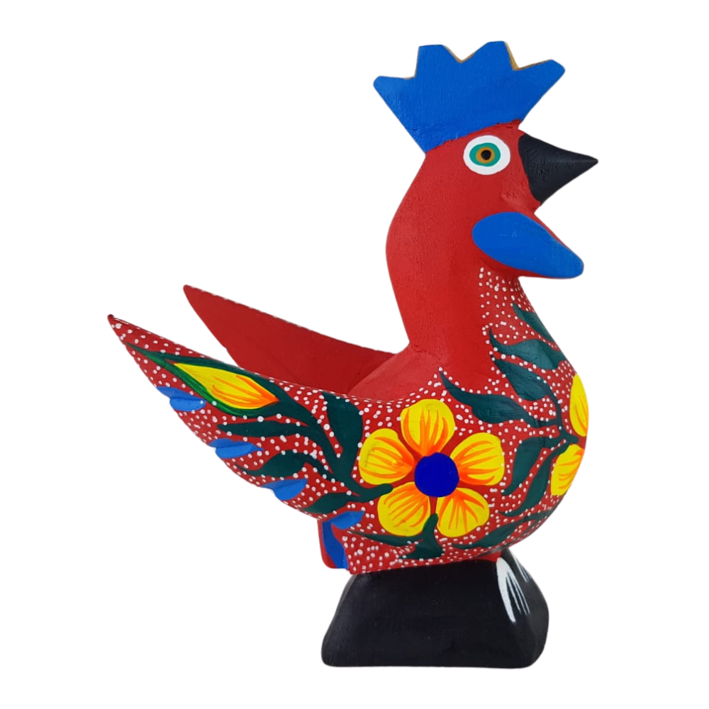 Alebrije oaxaqueño mediano, con forma de gallo, de madera de copal