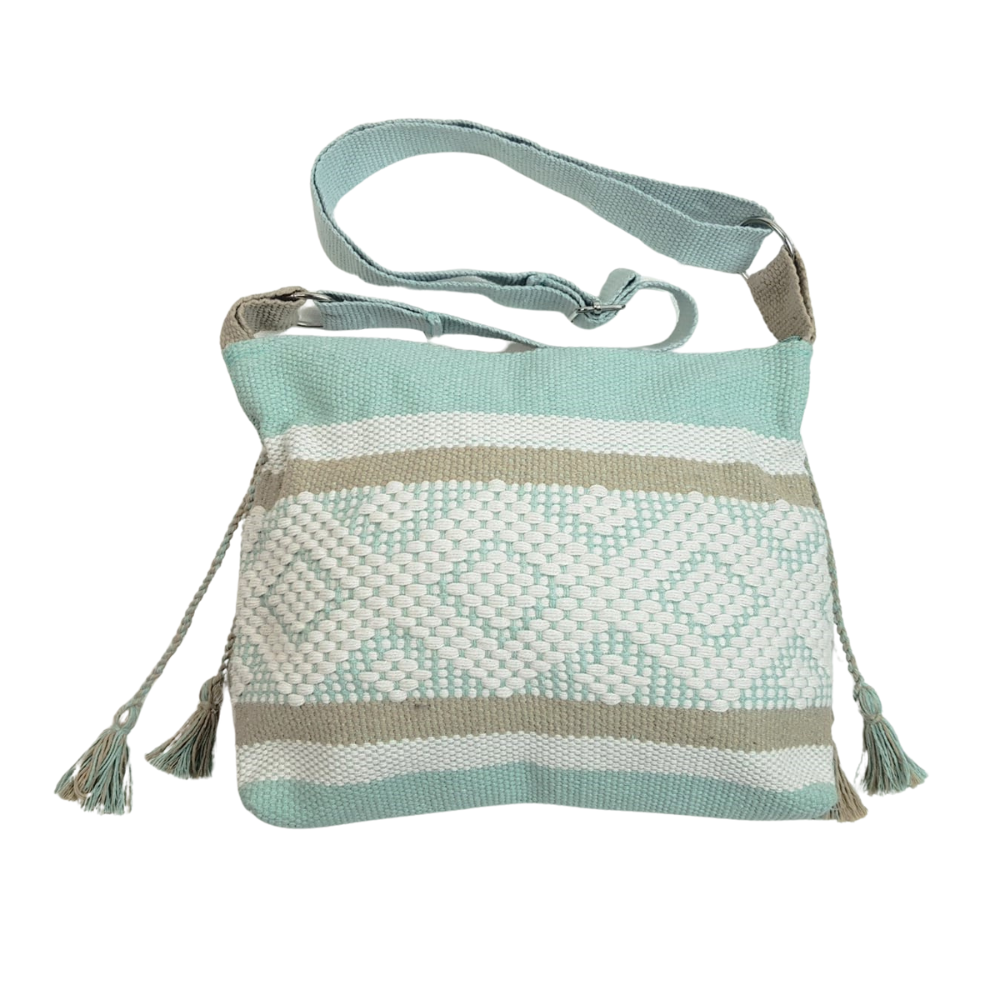 Bolsa de algodón de asa larga, tejida en telar de cintura en Santo Tomás Jalieza Oaxaca