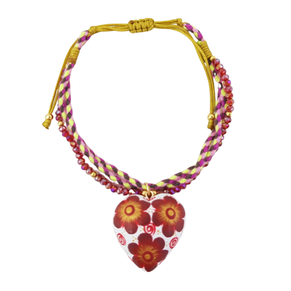 Pulsera con corazón o trompo de madera copal tallado y decorado a mano
