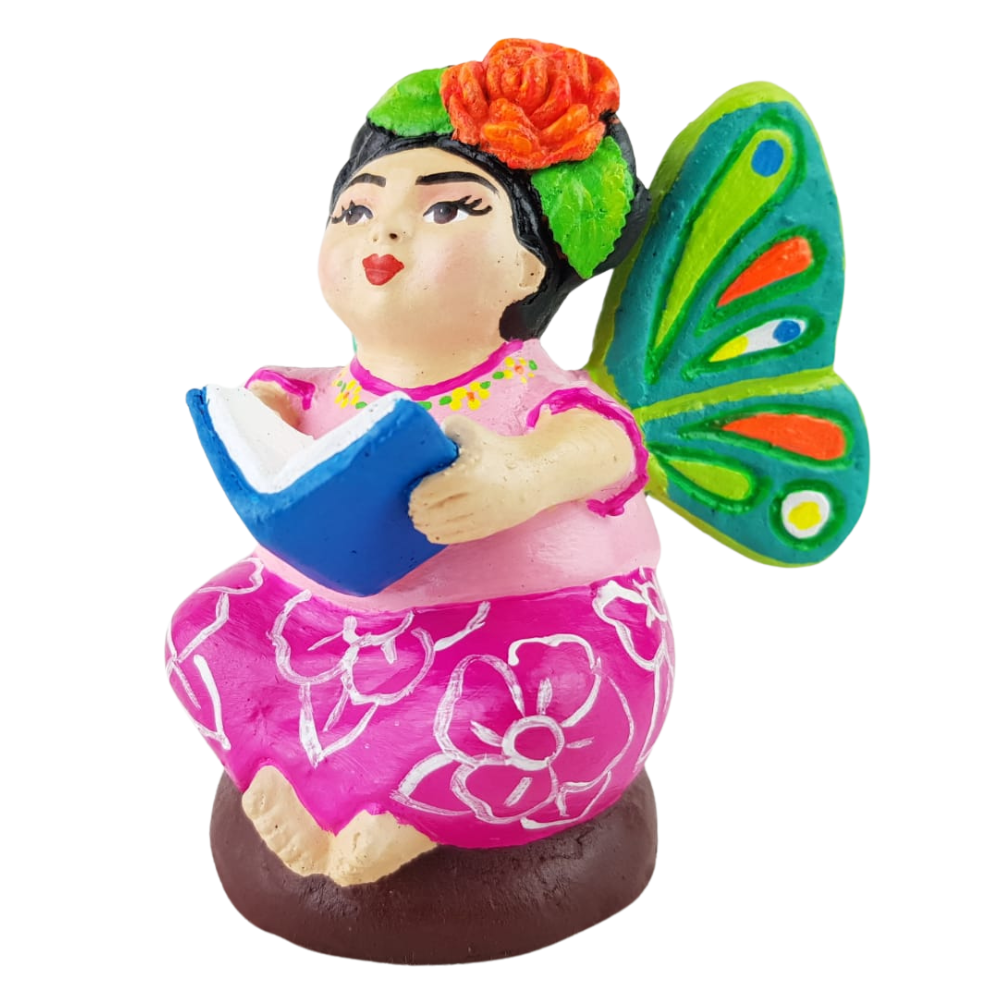 Muñequita mariposa lectora hecha de barro policromado frío