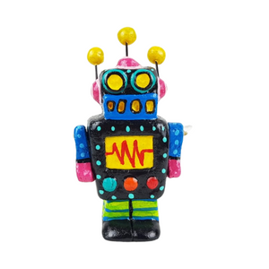 Robot mini con partes móviles elaborado en barro policromado frío