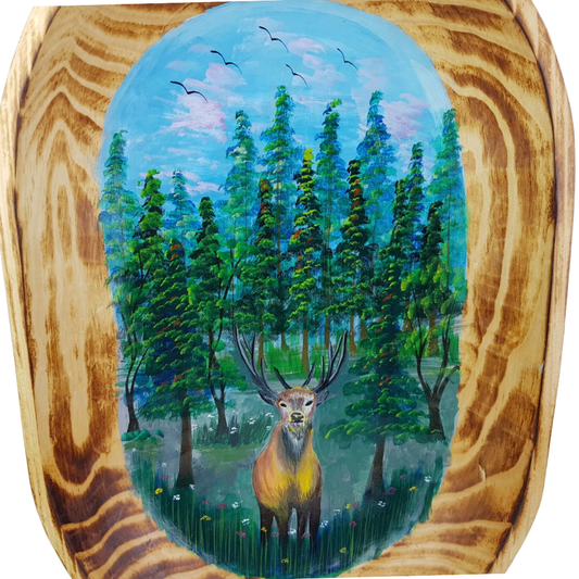 Batea tradicional de madera de pino con venado en bosque de 45cm, acabado sopleteado