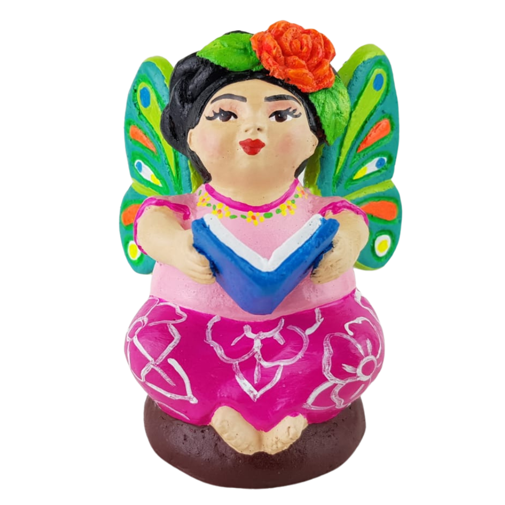 Muñequita mariposa lectora hecha de barro policromado frío