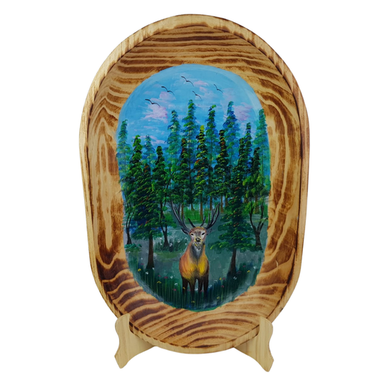 Batea tradicional de madera de pino con venado en bosque de 45cm, acabado sopleteado