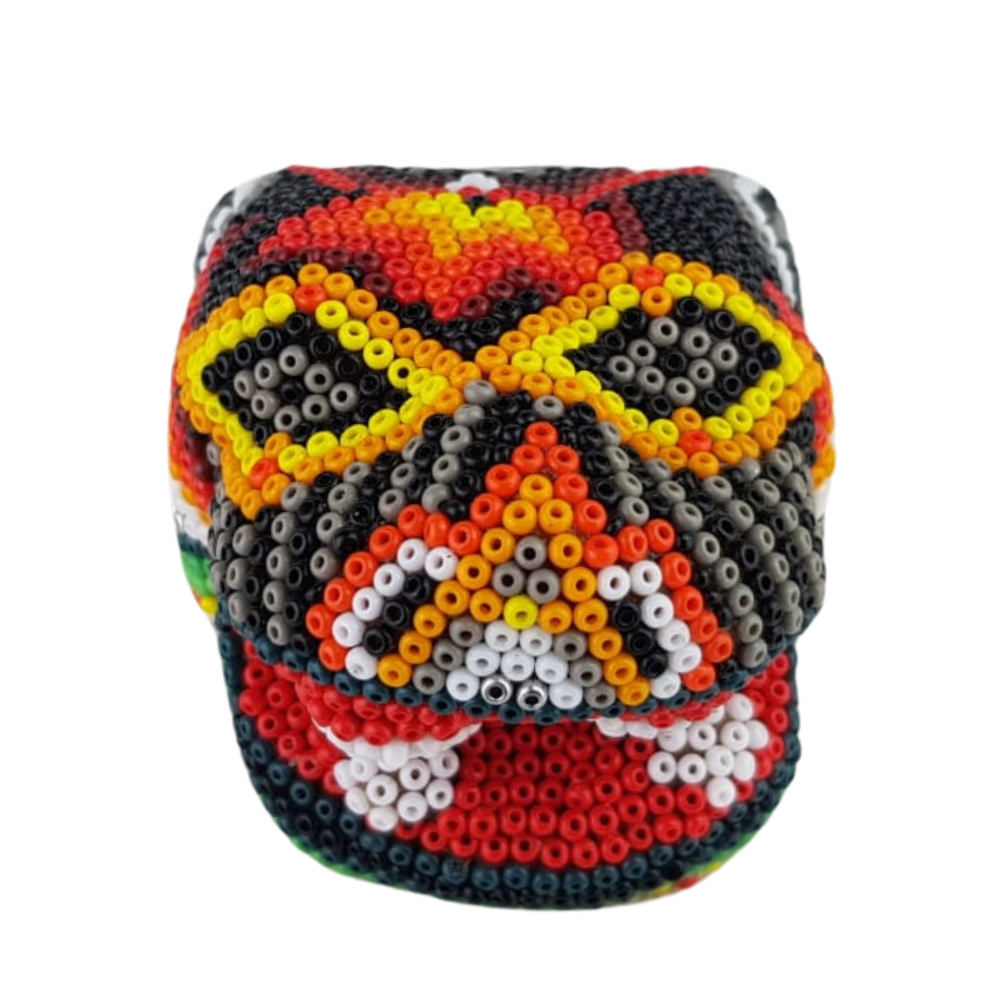 Cabeza de jaguar mini hecha de papel maché con motivos Wixárika