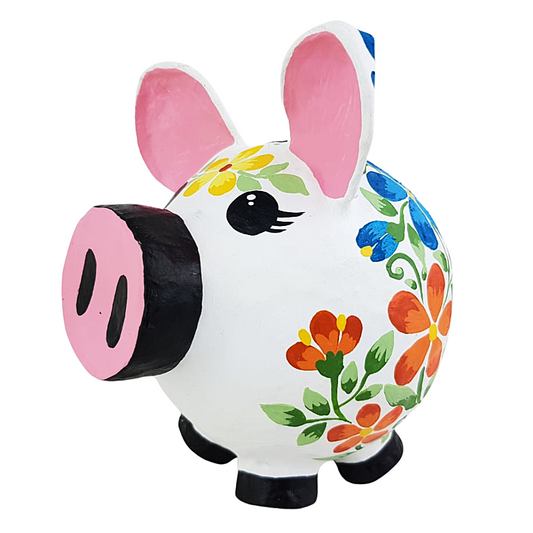 Cerditos alcancía de papel maché, pintados a mano