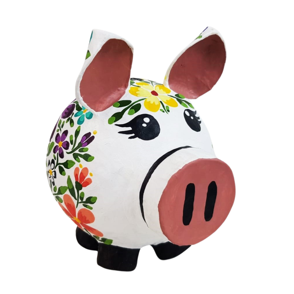 Cerditos alcancía de papel maché, pintados a mano