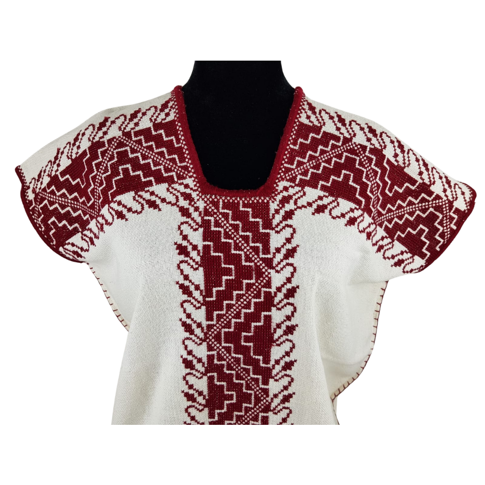 Huanengo Cocucho, blusa purépecha bordada en punto de cruz con grecas y flores.