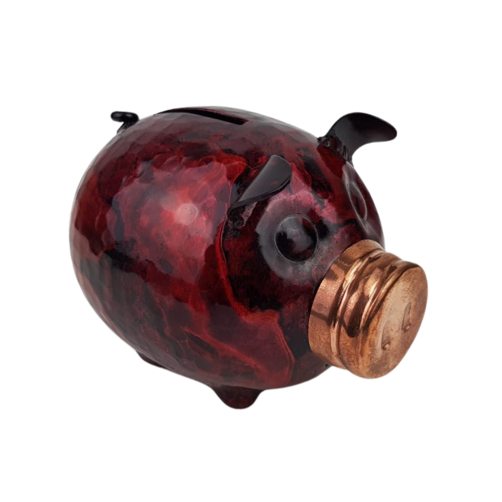 Alcancía de cobre en forma de puerquito decorada a mano
