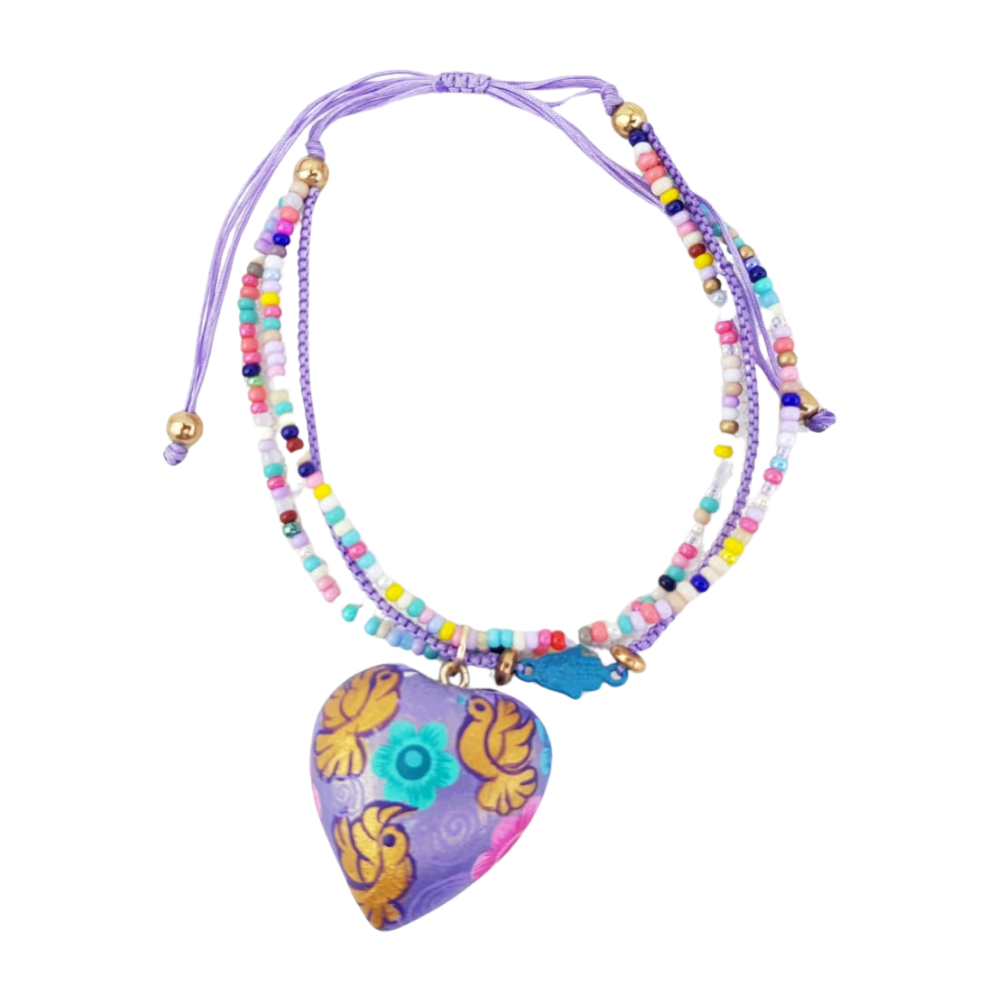Pulsera con corazón o trompo de madera copal tallado y decorado a mano