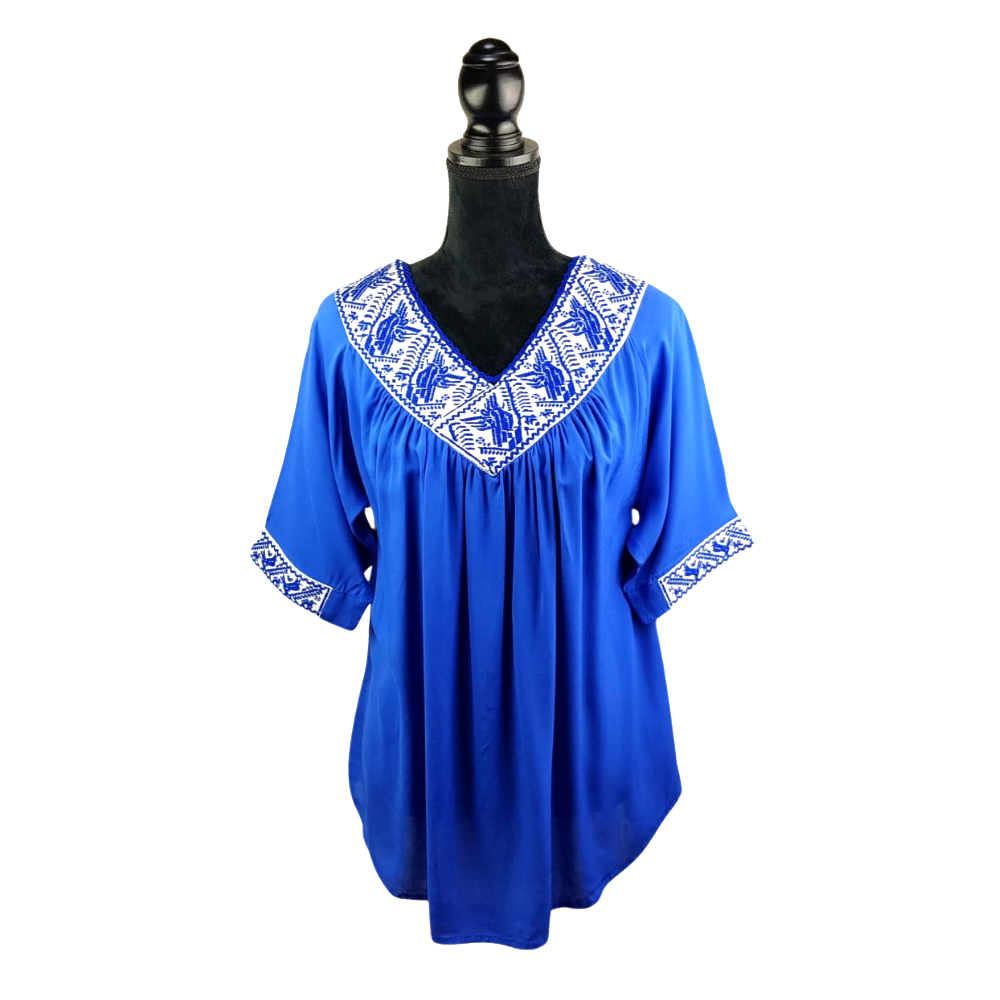 Blusa fresca de rayón con bordado de hilván tradicional de Puebla y manga 3/4