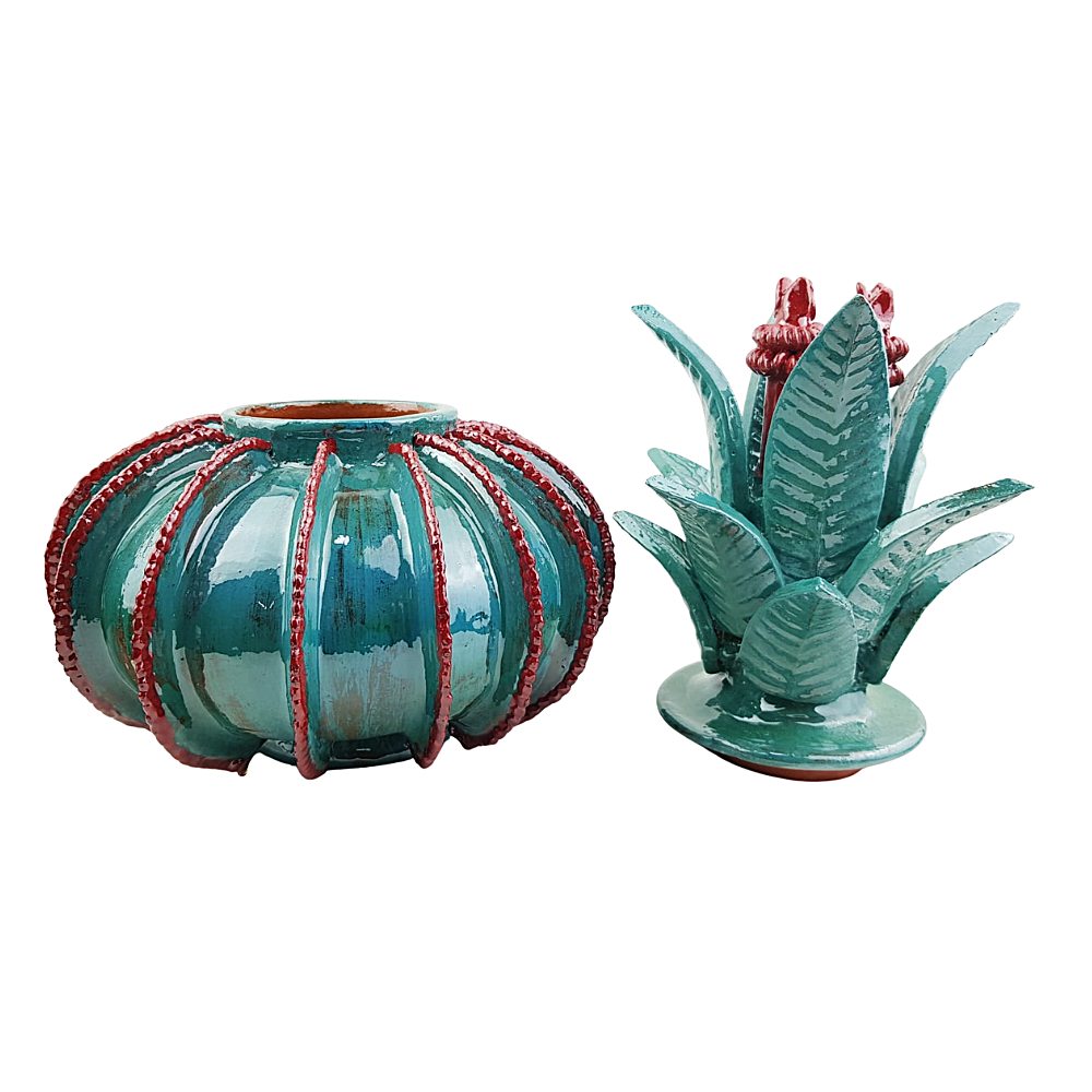 Piña vidriada visnaga, decorada con la técnica de barro vidriado