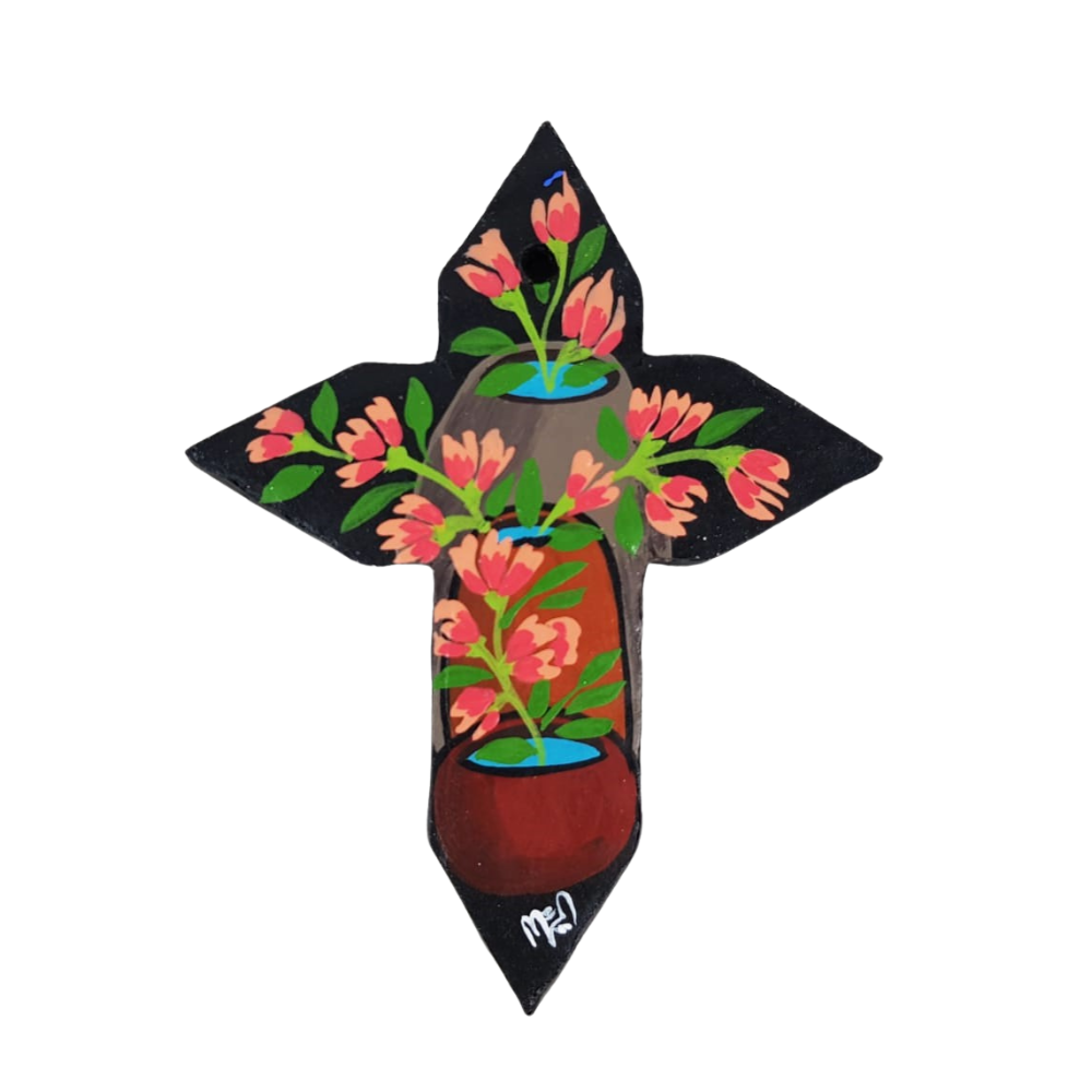 Cruz chica de papel maché, pintada a mano