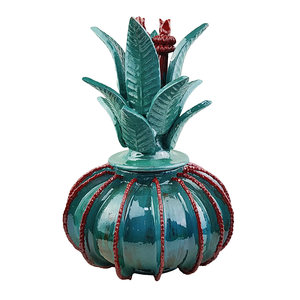 Piña vidriada visnaga, decorada con la técnica de barro vidriado