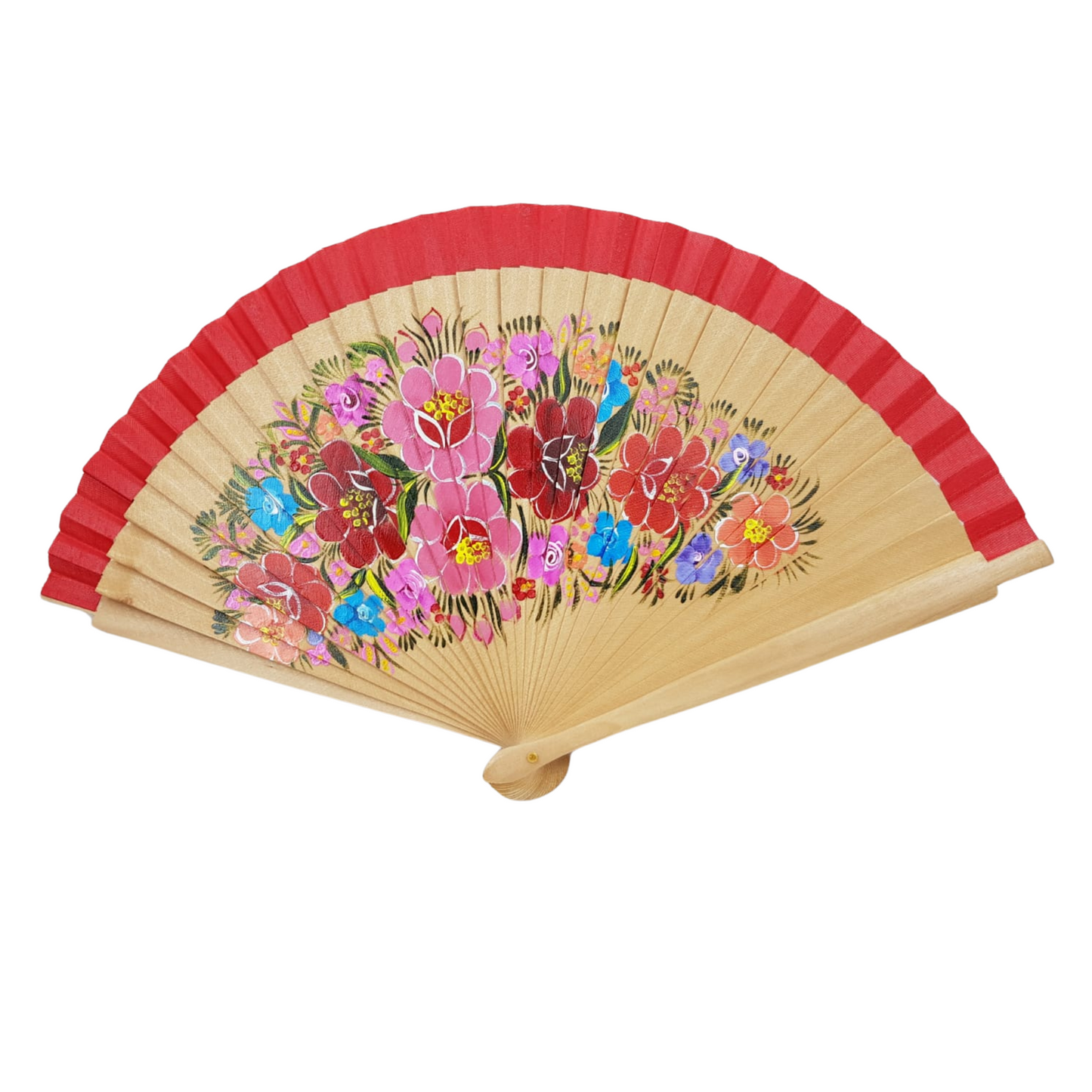 Abanico chiapaneco de madera, con flores pintadas a mano