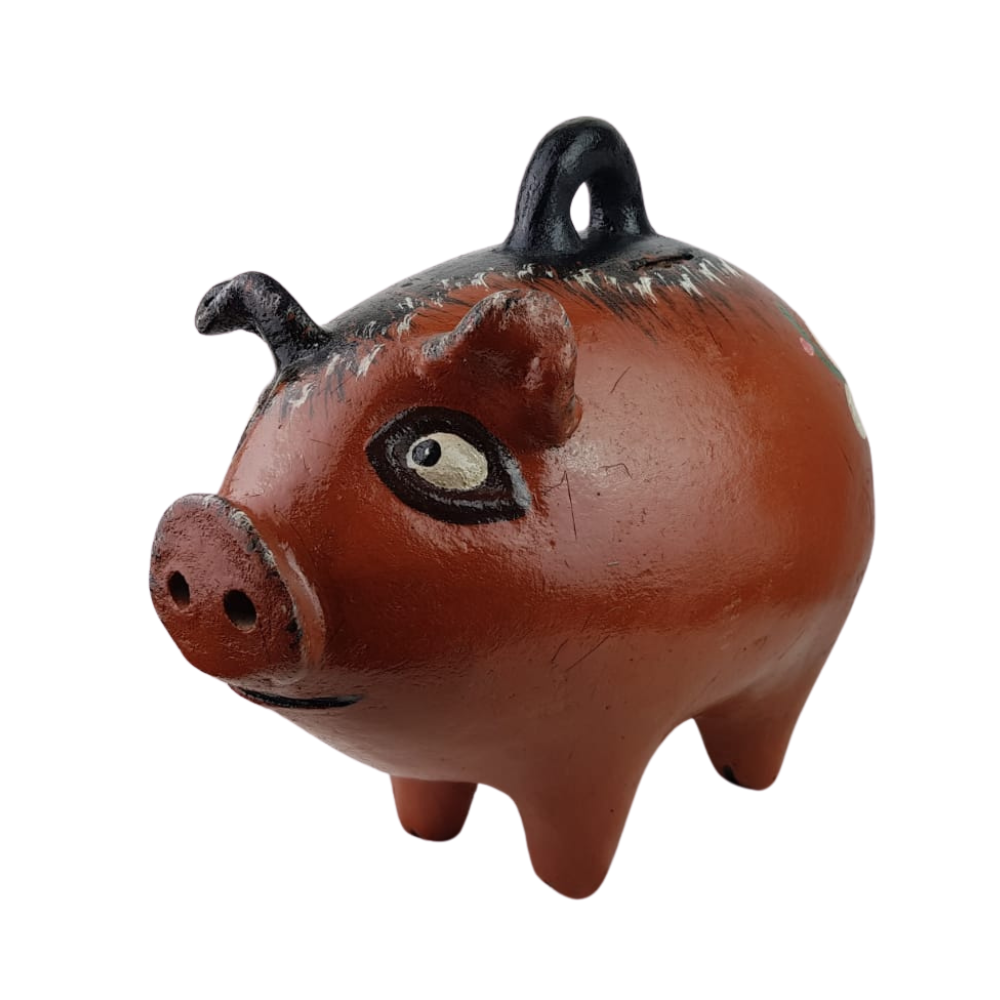 Alcancía con forma de cerdito bola hecho de barro natural