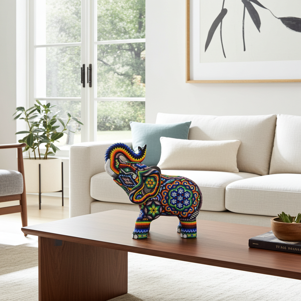 Elefante tallado en madera decorado con motivos Wixáricas