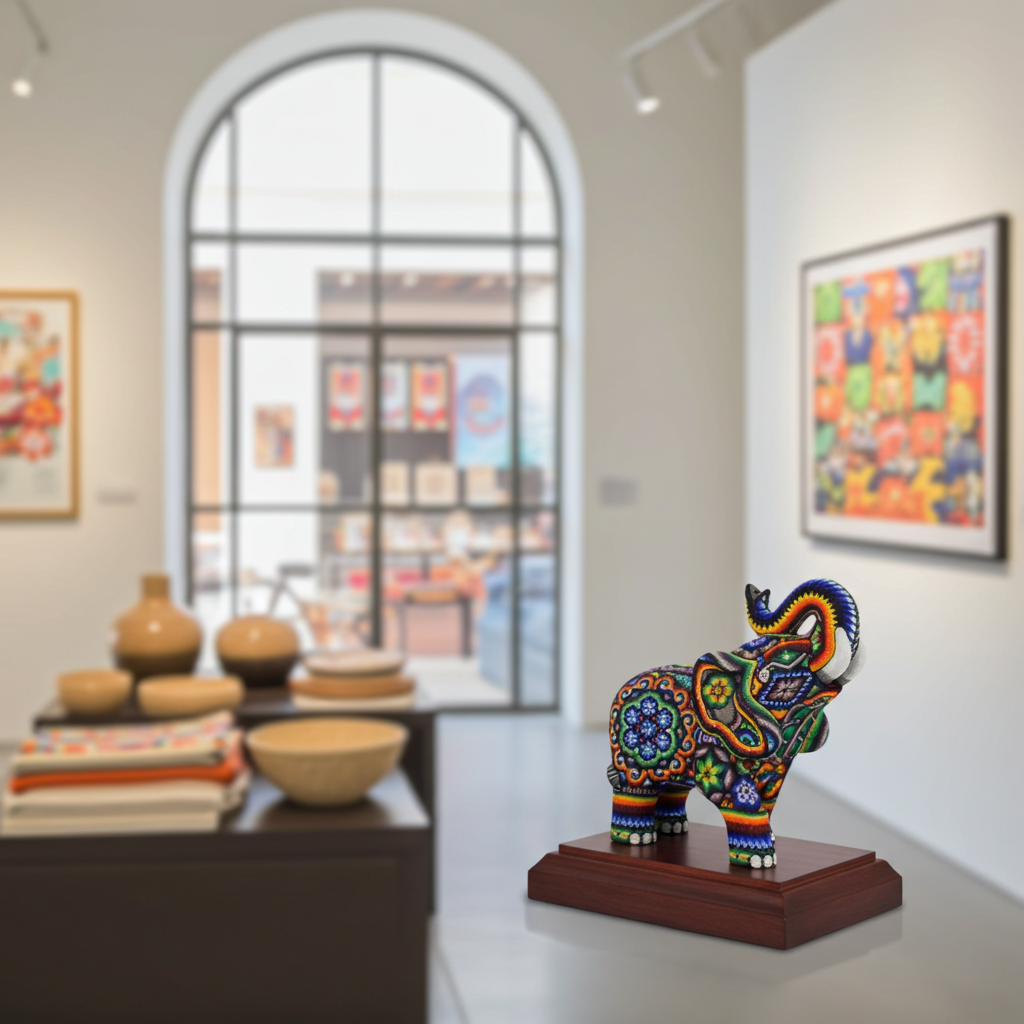 Elefante tallado en madera decorado con motivos Wixáricas