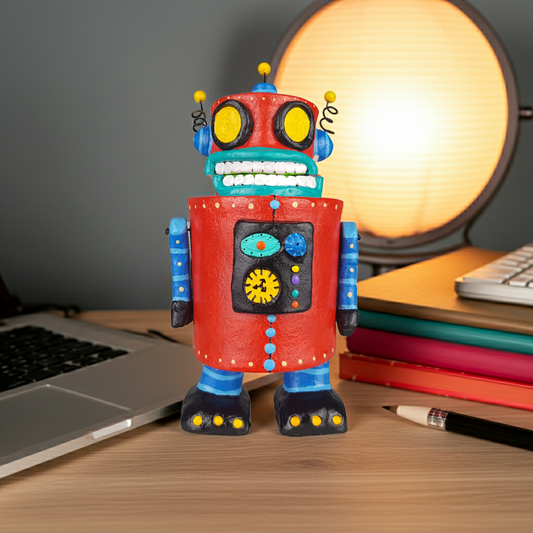 Alcancía robot con partes móviles elaborada en barro policromado frío