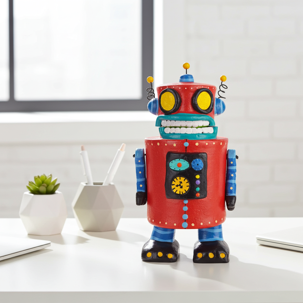Alcancía robot con partes móviles elaborada en barro policromado frío
