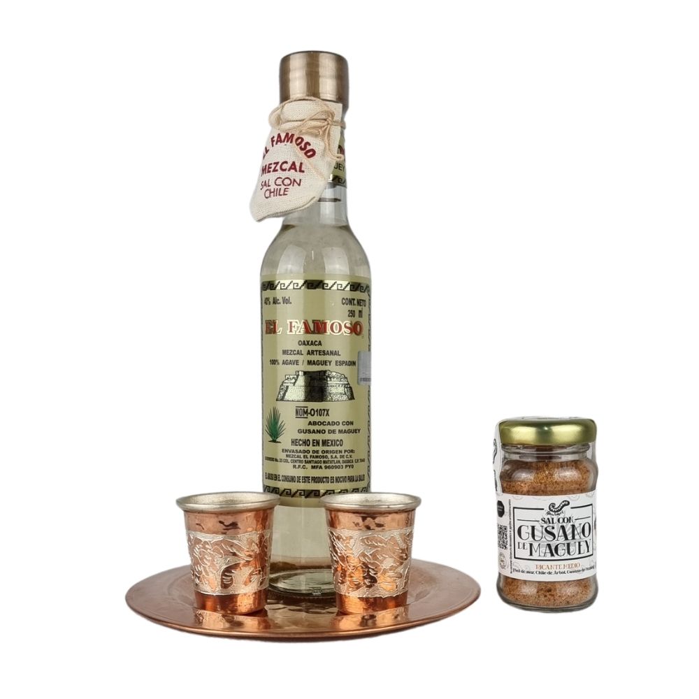 Juego de mezcal de gusano con mezcaleros de cobre martillado