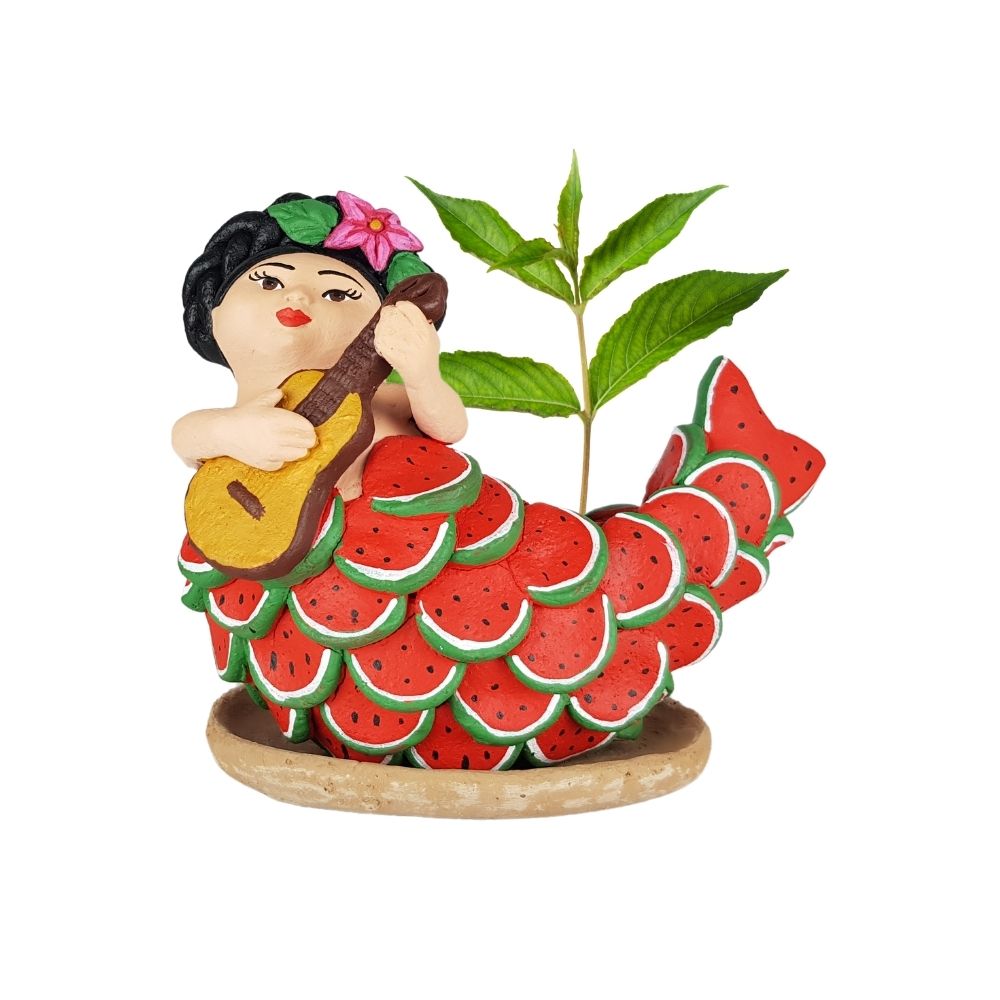 Maceta sirena mexicana con escamas frutales, figura de barro de Tlaquepaque Jalisco