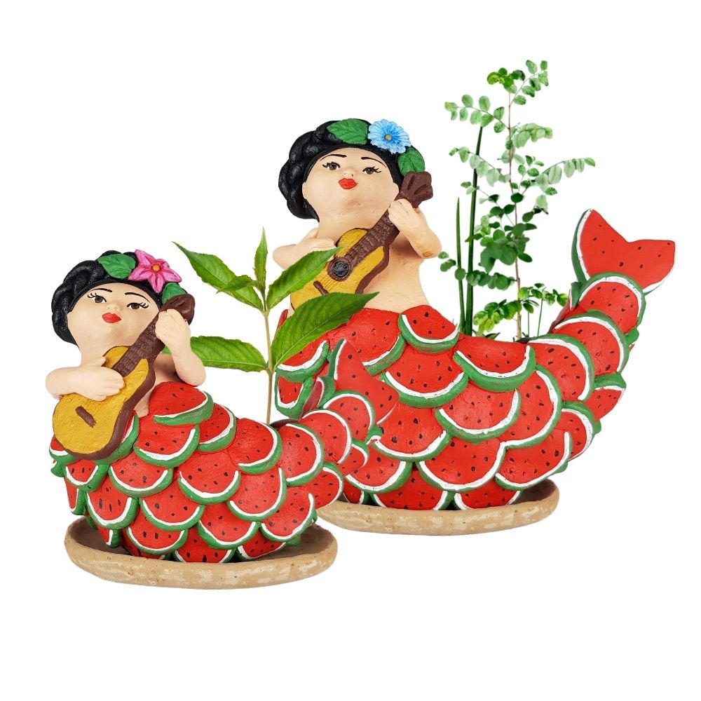 Maceta sirena mexicana con escamas frutales, figura de barro de Tlaquepaque Jalisco