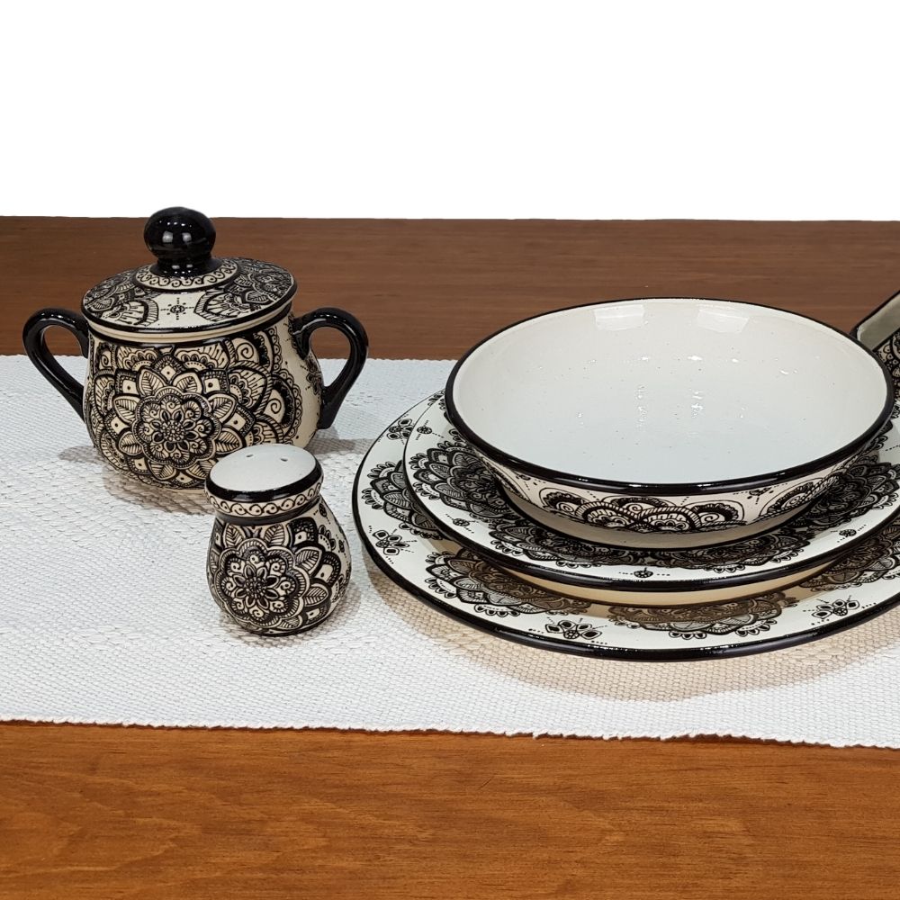 Vajilla mandala color negro para 8 y 4 personas, cerámica de alta temperatura