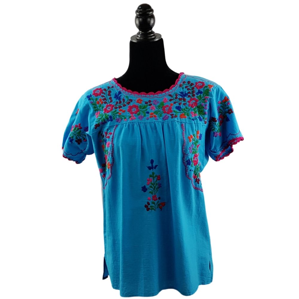 Flores Bordado San Antonino Blusa De Manta Azul Bordada Con Estilo