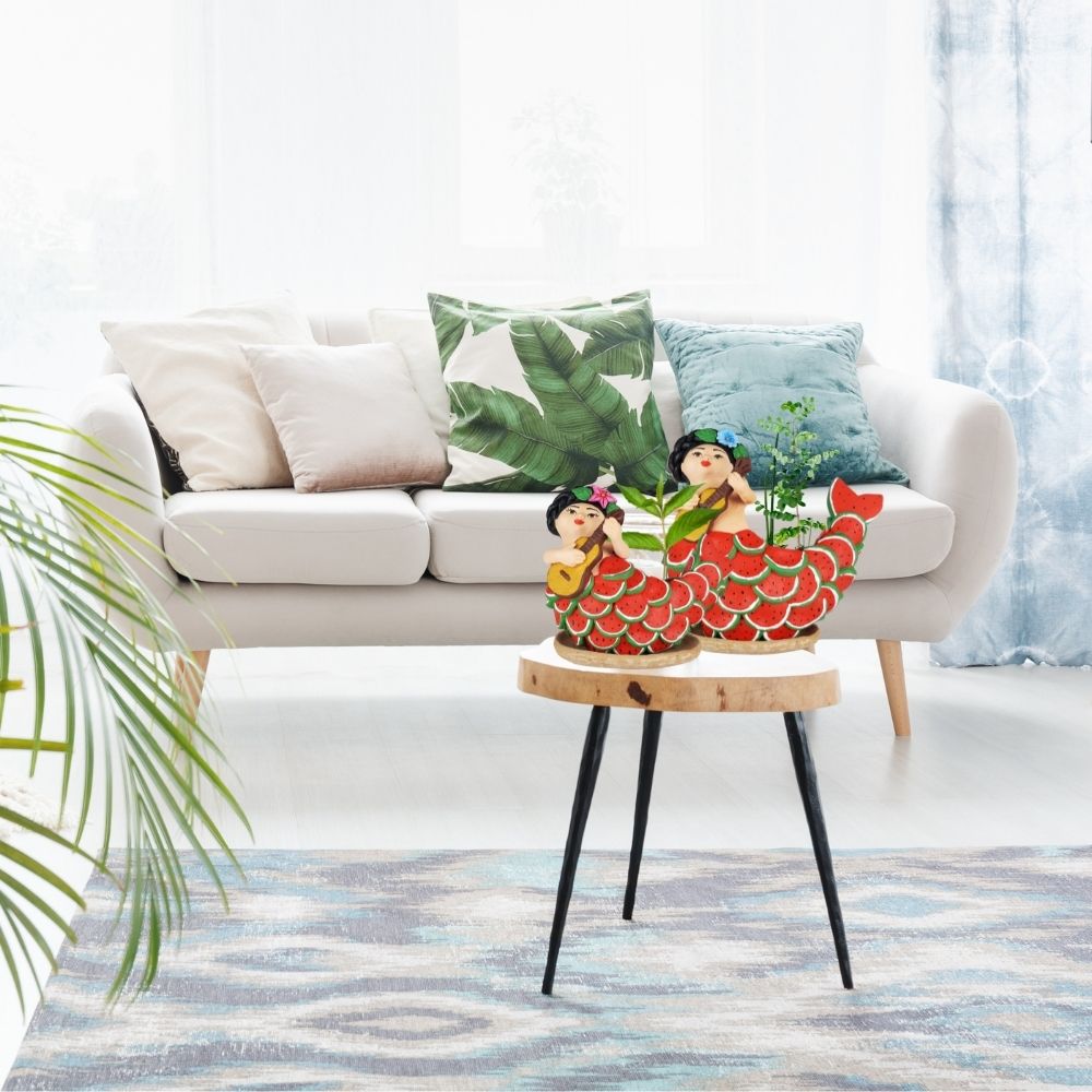 Maceta sirena mexicana con escamas frutales, figura de barro de Tlaquepaque Jalisco