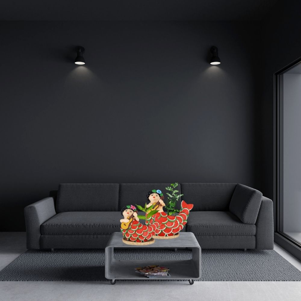 Maceta sirena mexicana con escamas frutales, figura de barro de Tlaquepaque Jalisco