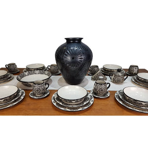 Vajilla mandala color negro para 8 y 4 personas, cerámica de alta temperatura