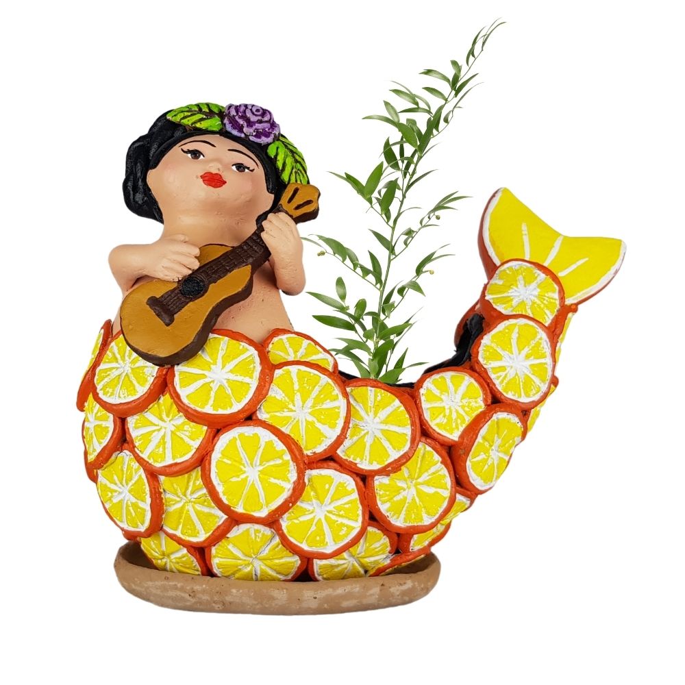 Maceta sirena mexicana con escamas frutales, figura de barro de Tlaquepaque Jalisco