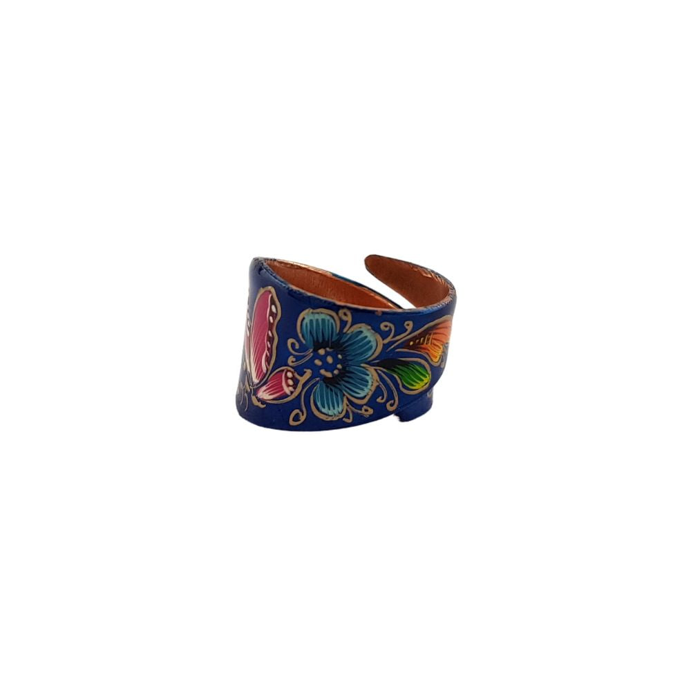 Anillo ajustable de cobre decorado con laca, mariposas y flores