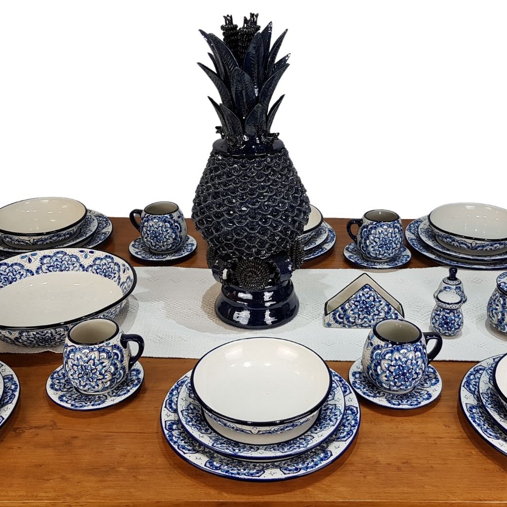 Vajilla mandala color azul para 8 y 4 personas, cerámica de alta temperatura