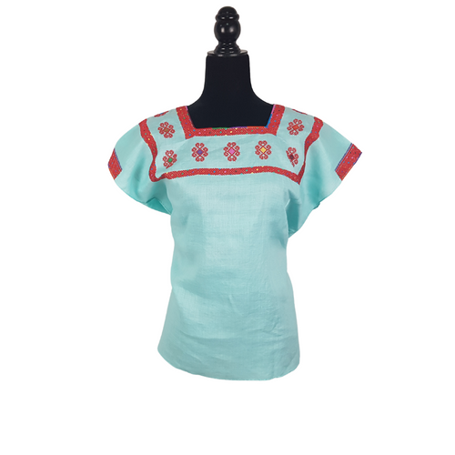 Blusa de lino con bordados Tzotziles tradicionales de Chiapas color azul con detalles rosas