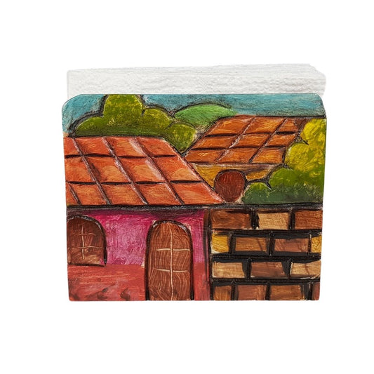 Servilletero de madera decorado con paisajes y vivencias mexicanas