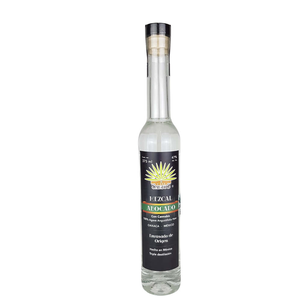 Casa Santos 375 ml, mezcal artesanal de agave espadín avocado con cannabis